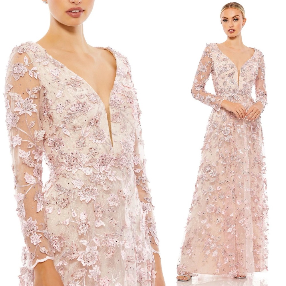 Mac Duggal Pink Floral Applique Long Sleeve Illusion Gown Dress Size 8 NWT - Picture 2 of 15